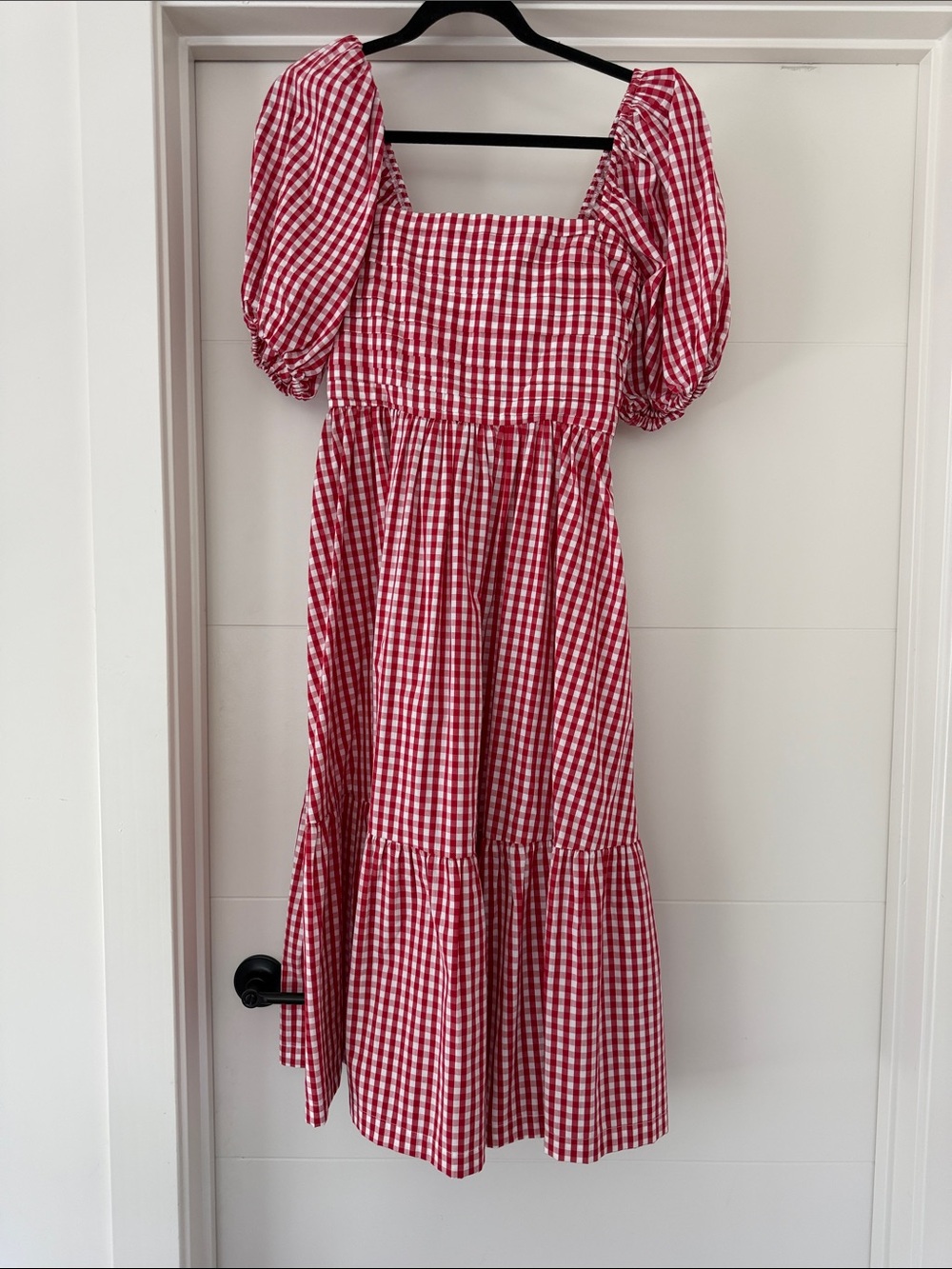 Abercrombie & Fitch Red Gingham Puff-Sleeve Midi Dress